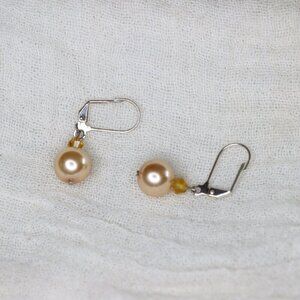 Golden peach pink imitation pearls with beads and silver metal
